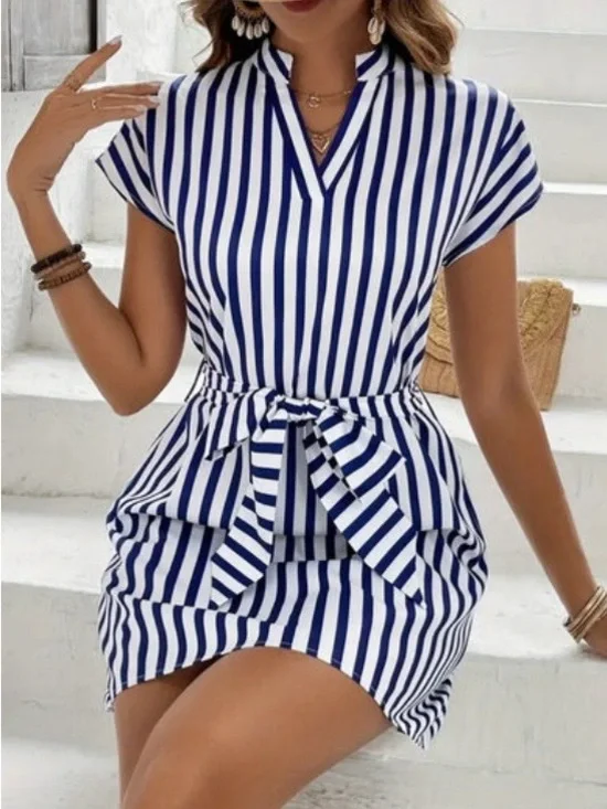 Striped Blue and White Tie-Waist Short Dress. Plus Size Available - Picture 5 of 9